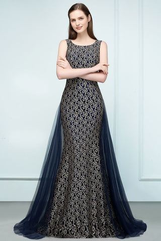 Vestidos de fiesta largos dorados de sirena sin mangas con encaje y cuello redondo