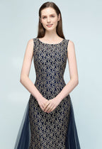 Robe de bal sirène dorée longue sans manches en dentelle à col rond