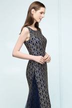 Robe de bal sirène dorée longue sans manches en dentelle à col rond