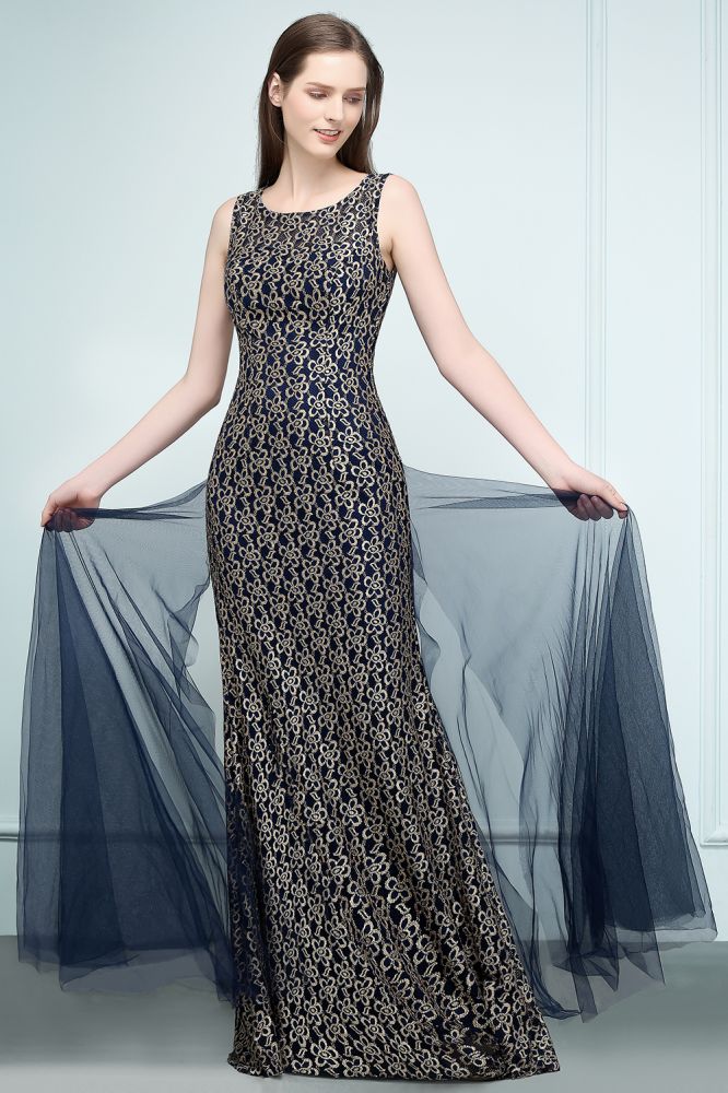 Robe de bal sirène dorée longue sans manches en dentelle à col rond