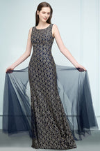 Robe de bal sirène dorée longue sans manches en dentelle à col rond