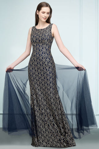 Vestidos de fiesta largos dorados de sirena sin mangas con encaje y cuello redondo