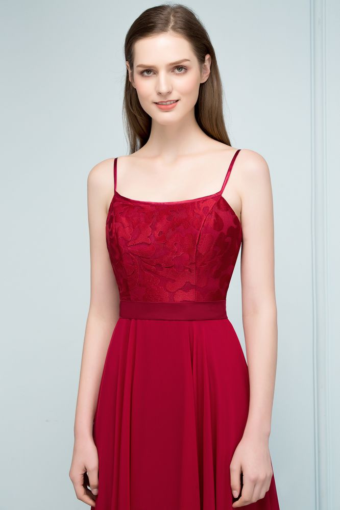 Robe de bal longue à bretelles spaghetti et appliques en dentelle, coupe trapèze, longueur au sol