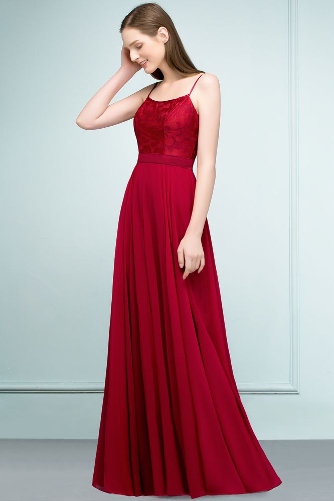 Robe de bal longue à bretelles spaghetti et appliques en dentelle, coupe trapèze, longueur au sol