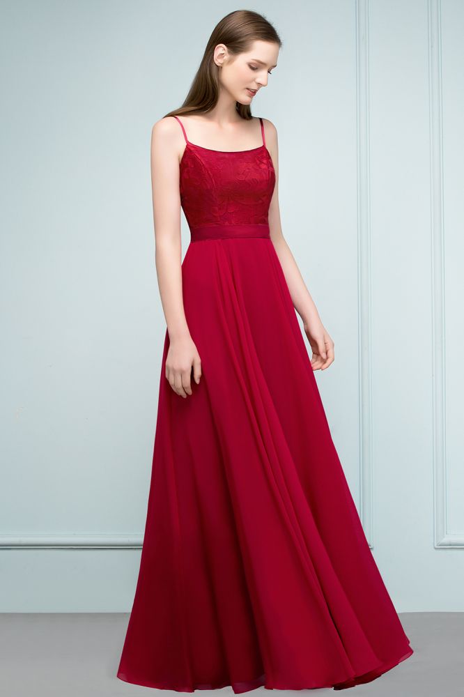 Robe de bal longue à bretelles spaghetti et appliques en dentelle, coupe trapèze, longueur au sol