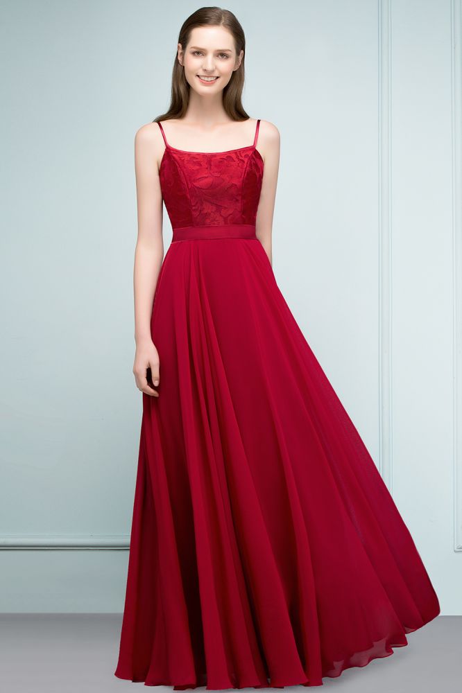 Robe de bal longue à bretelles spaghetti et appliques en dentelle, coupe trapèze, longueur au sol