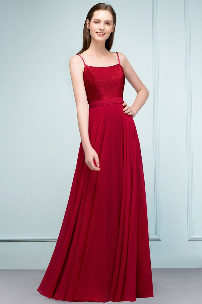 Robe de bal longue à bretelles spaghetti et appliques en dentelle, coupe trapèze, longueur au sol
