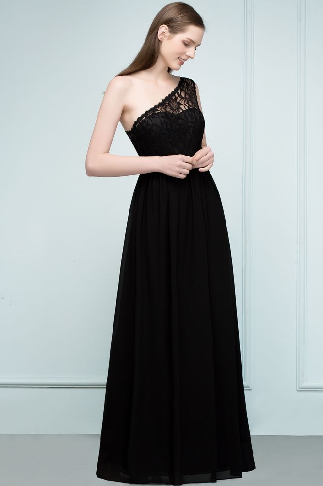 Vestidos de dama de honor largos hasta el suelo, de encaje y gasa, corte en A, con un solo hombro y fajín.