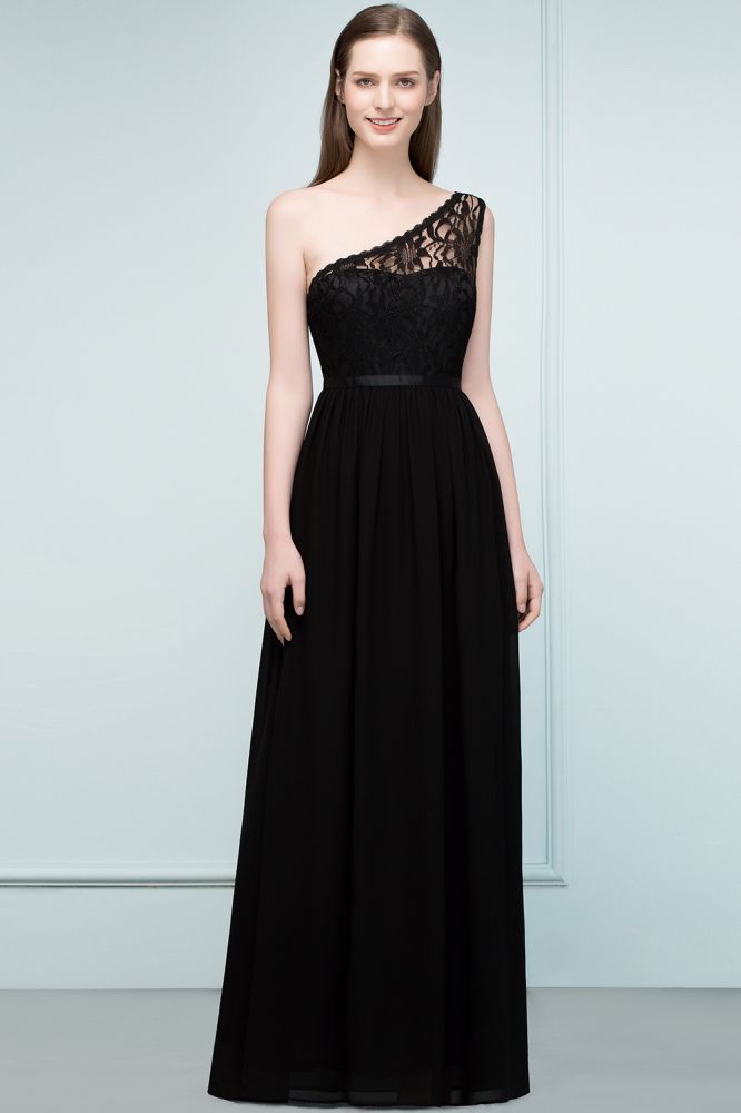 Vestidos de dama de honor largos hasta el suelo, de encaje y gasa, corte en A, con un solo hombro y fajín.