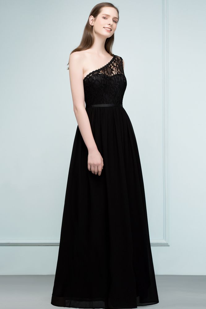 Vestidos de dama de honor largos hasta el suelo, de encaje y gasa, corte en A, con un solo hombro y fajín.