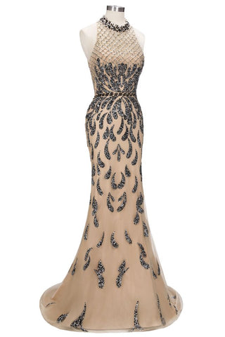 Vestidos de fiesta largos de sirena con escote halter y lentejuelas