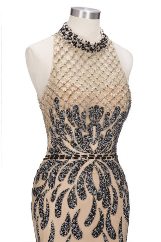 Vestidos de fiesta largos de sirena con escote halter y lentejuelas