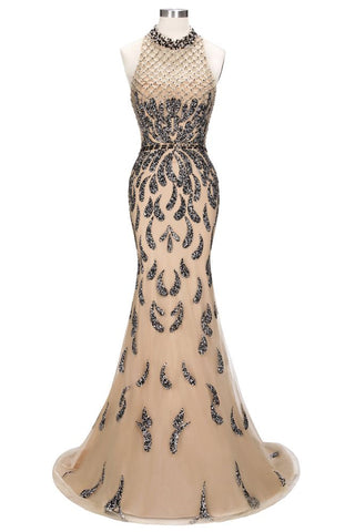 Vestidos de fiesta largos de sirena con escote halter y lentejuelas