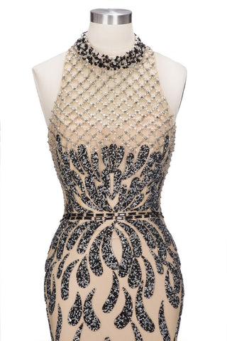 Vestidos de fiesta largos de sirena con escote halter y lentejuelas