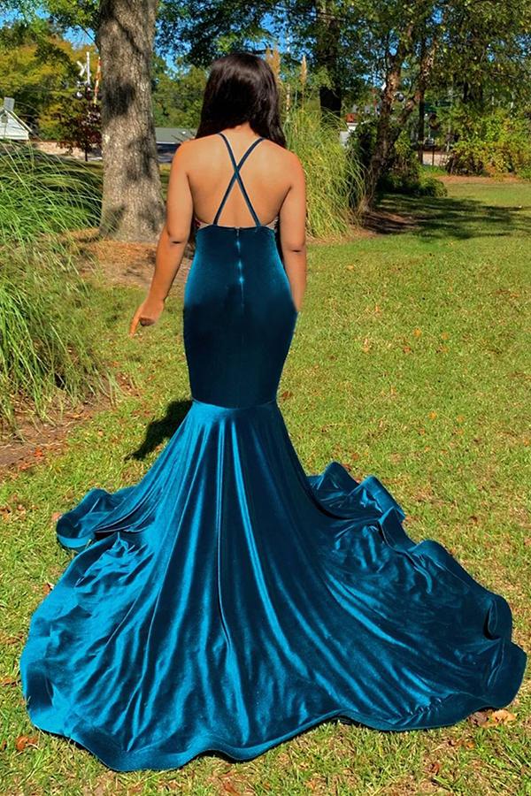 Floral Appliques Sexy Deep Sleeveless V-Neck Sweep Train Mermaid Prom Dresses