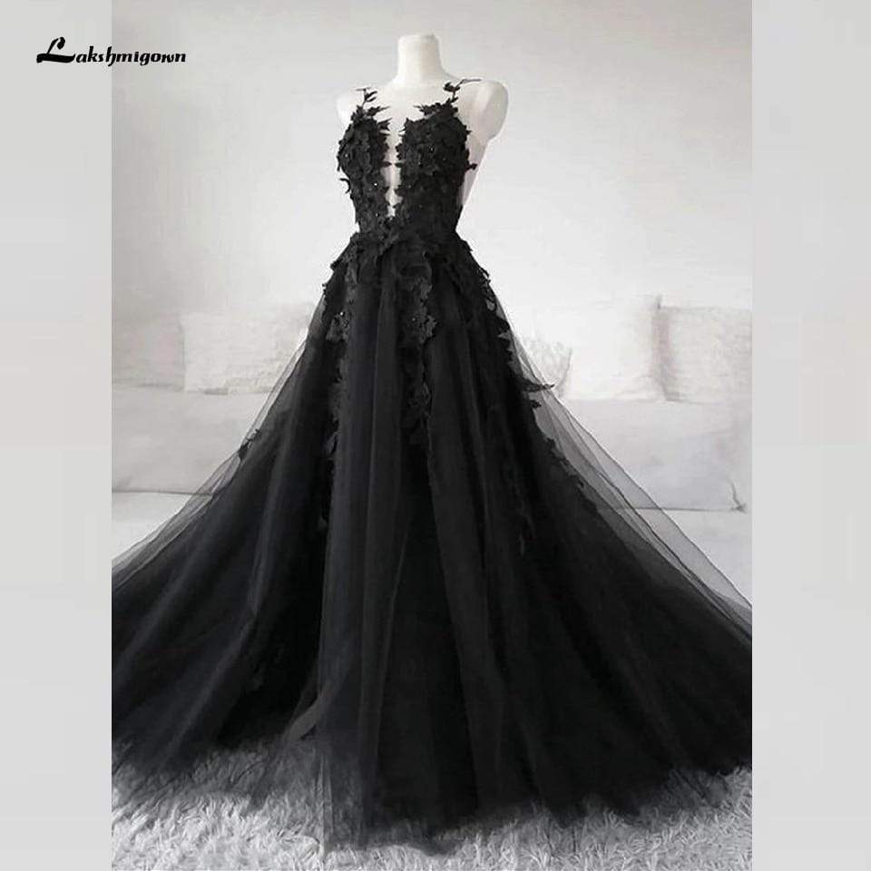 Baoleely Floral Gothic Black Long Wedding Dress 2020 Sexy Bridal Gown Vestidos de Novia Sexy Tulle Wedding Gowns Trouwjurk Plus Size