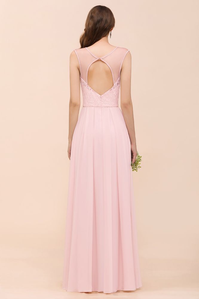 Vestido de dama de honor rosa de encaje floral, corte en A, para boda o fiesta.