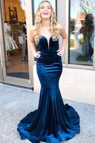 Vestidos formales de invierno sin mangas de terciopelo azul océano estilo sirena