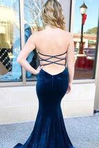 Fomral Winter Ocean Blue Sleeveless Mermaid Velvet Formal Dresses