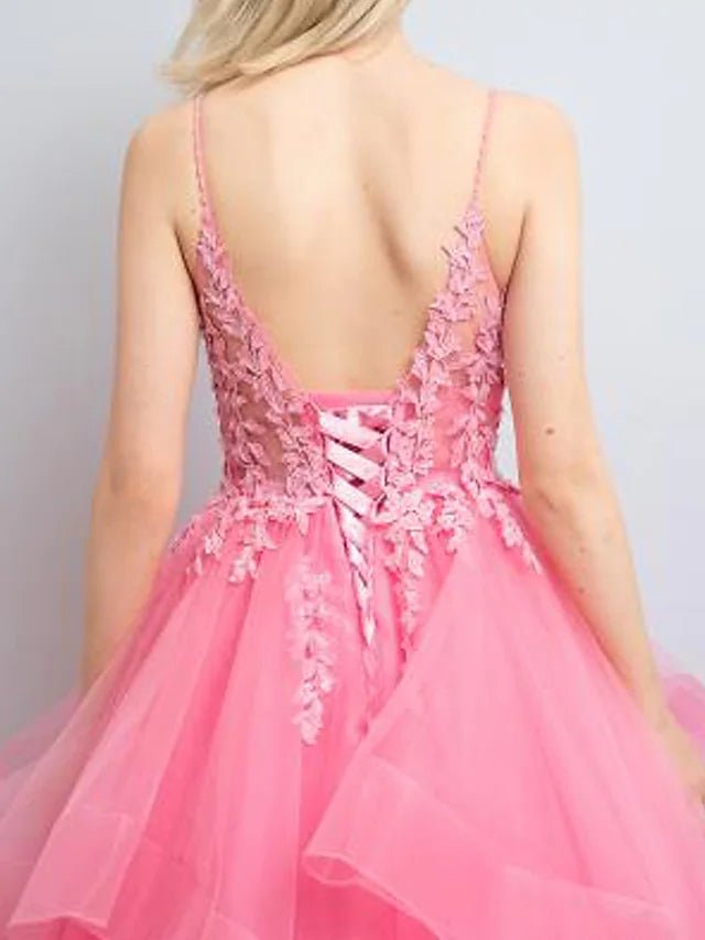Vestidos de graduación corte A, estilo princesa, formales, largos hasta el suelo, sin mangas, escote en V, espalda descubierta de tul con pliegues y apliques.