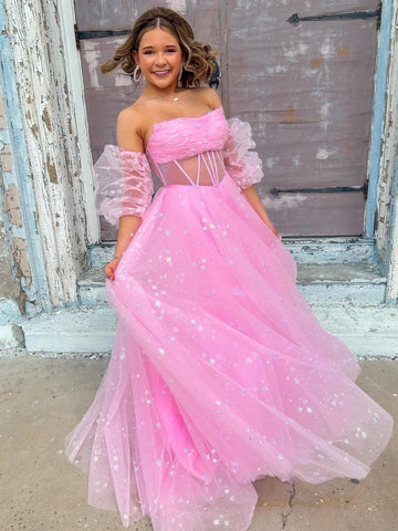 Francis | Vestido largo de fiesta de tul azul aguamarina sin tirantes, corte en A, con estampado de estrellas 