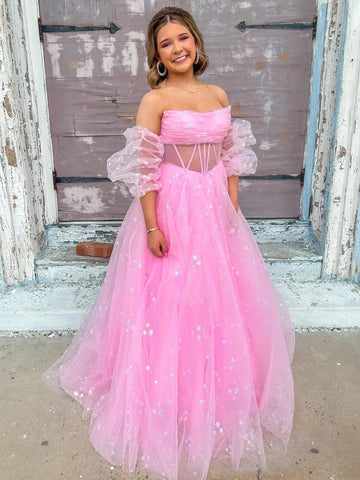 Francis | Vestido largo de fiesta de tul azul aguamarina sin tirantes, corte en A, con estampado de estrellas 