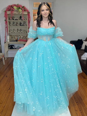 Francis | Vestido largo de fiesta de tul azul aguamarina sin tirantes, corte en A, con estampado de estrellas 
