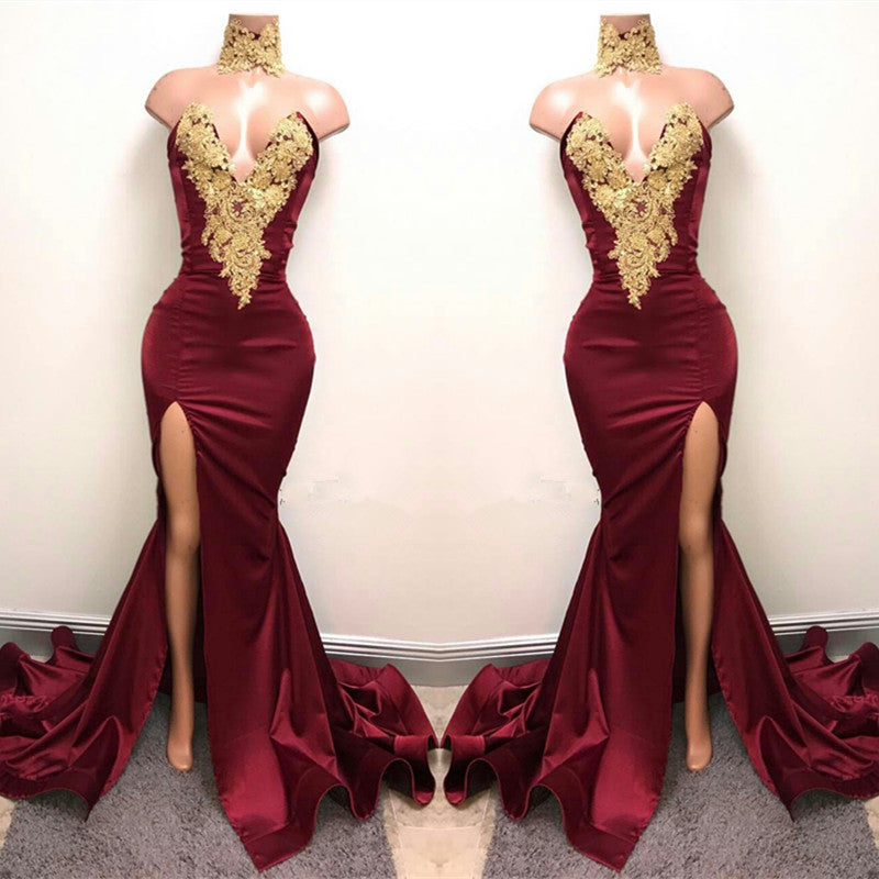Vestidos de fiesta de sirena con cuello alto y abertura frontal, apliques de encaje burdeos 