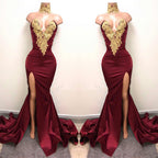 Vestidos de fiesta de sirena con cuello alto y abertura frontal, apliques de encaje burdeos 