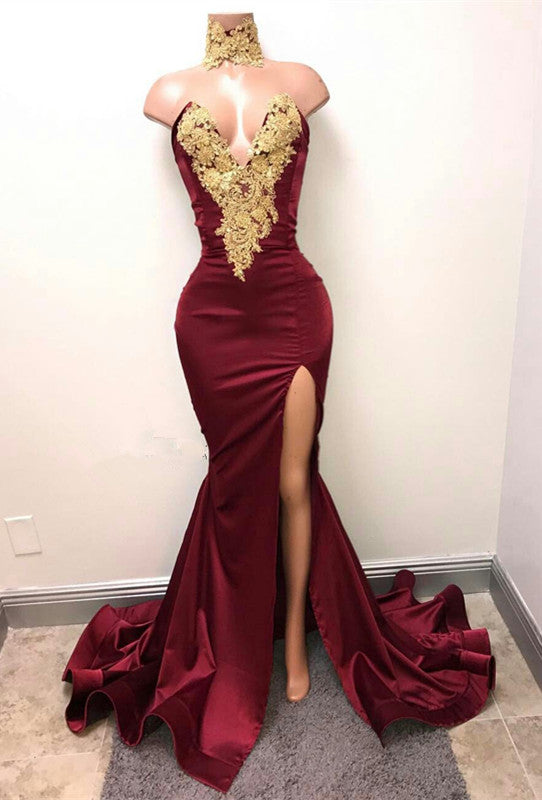 Vestidos de fiesta de sirena con cuello alto y abertura frontal, apliques de encaje burdeos 