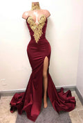 Vestidos de fiesta de sirena con cuello alto y abertura frontal, apliques de encaje burdeos 