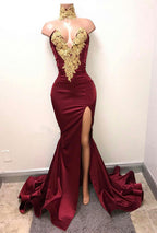 Vestidos de fiesta de sirena con cuello alto y abertura frontal, apliques de encaje burdeos 