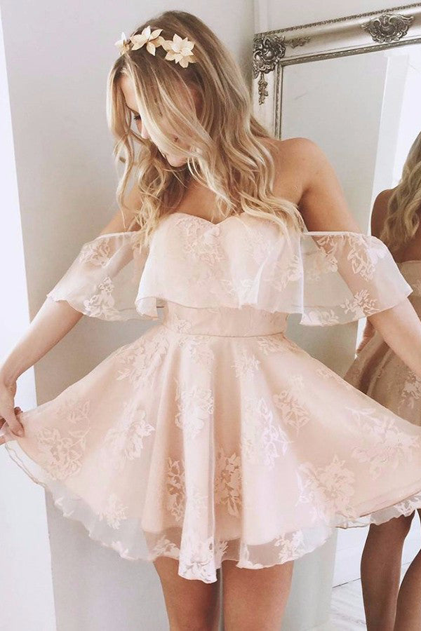Vestidos de fiesta de encaje con hombros descubiertos y espalda media, corte en A 