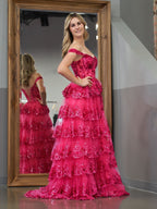 Vestido de graduación tipo corsé con hombros descubiertos y volantes de encaje