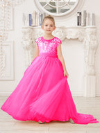 Vestido rosa de niña de las flores, corte en A, encaje, tul y cola corta 