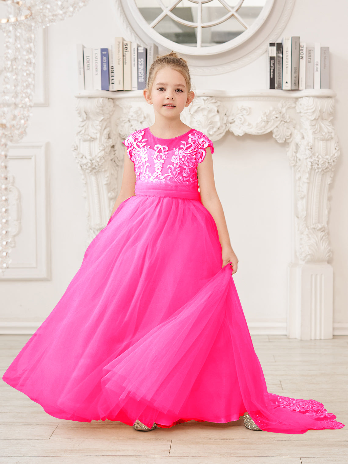 Vestido rosa de niña de las flores, corte en A, encaje, tul y cola corta 