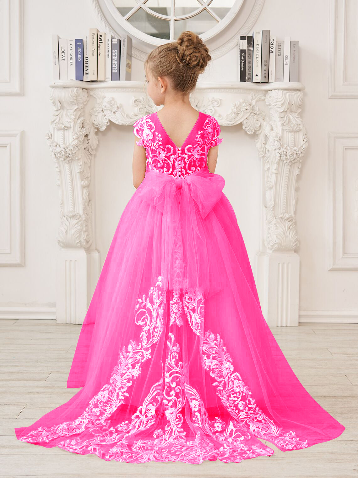 Vestido rosa de niña de las flores, corte en A, encaje, tul y cola corta 