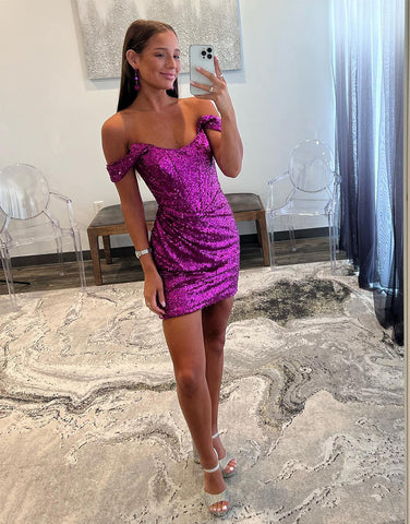 Sheath Off the Shoulder Sequin Homecoming Dress
