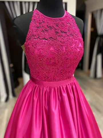Vestidos de fiesta formales de satén y encaje fucsia, largos, de corte en A, con cuello halter y corte en A.