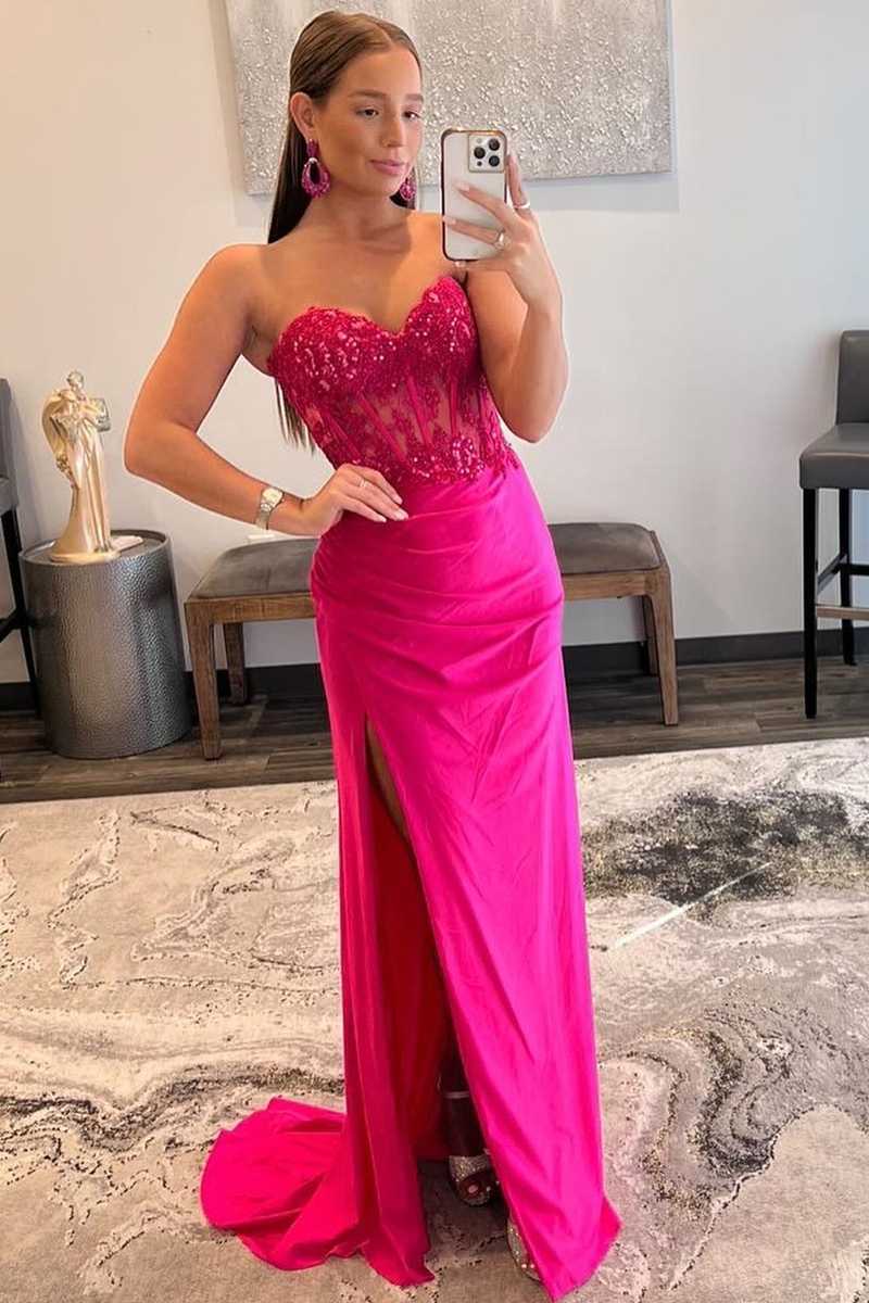 Vestido largo de fiesta rosa fucsia con corsé de encaje y escote corazón con abertura