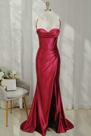 Robe de soirée sirène en satin bordeaux à fines bretelles et col bénitier froncé Y449