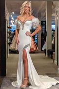 Off-the-Shoulder Tassel Mermaid Prom Dress with Slit