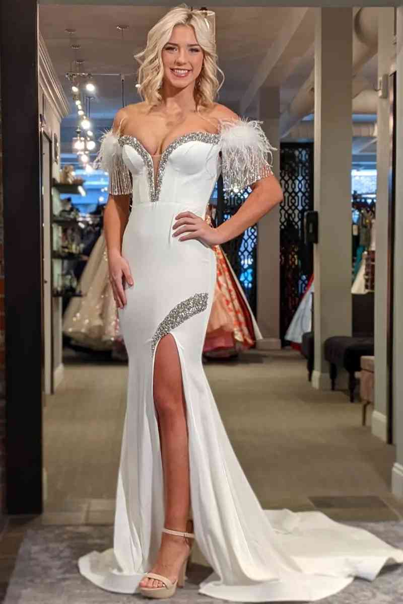 Off-the-Shoulder Tassel Mermaid Prom Dress with Slit