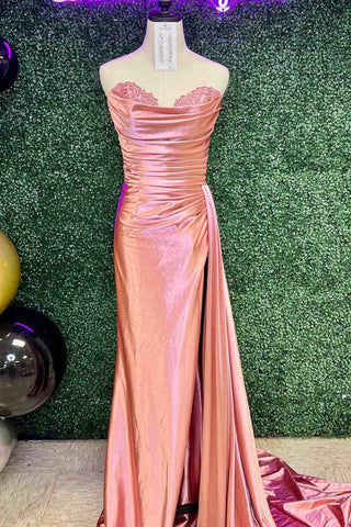 Vestido largo de fiesta plisado de satén fucsia sin tirantes estilo sirena