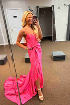 Vestido de fiesta de sirena de satén con tirantes, escote en V y lazo