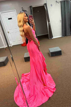 Vestido de fiesta de sirena de satén con tirantes, escote en V y lazo