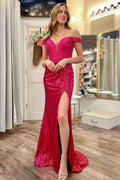 Vestido de fiesta de sirena con hombros descubiertos, lentejuelas magenta y apliques