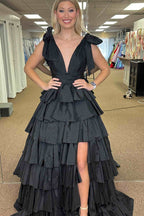 Plunging V-Neck Fuchsia Bow Straps Ruffle Ball Gown