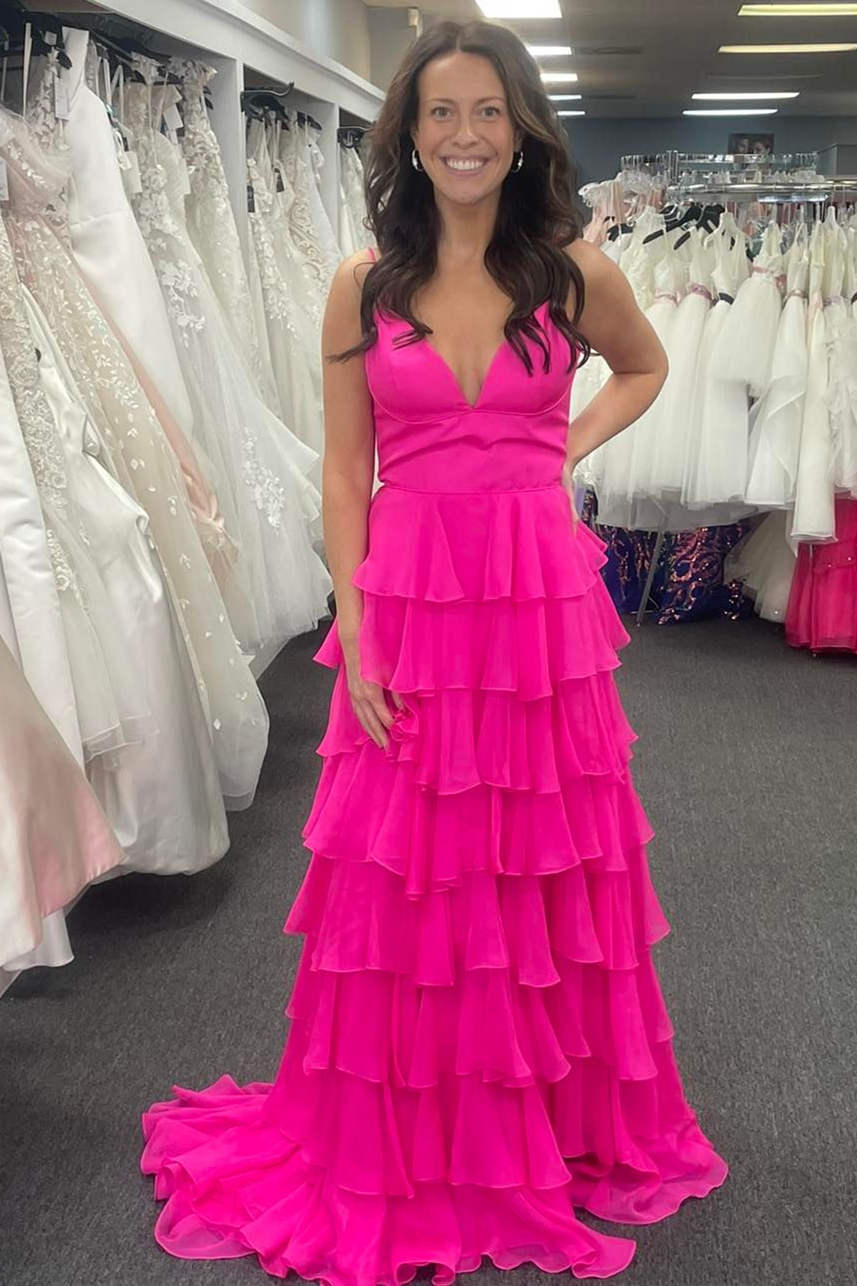 Vestido de fiesta de gasa con escote en V, tirantes, volantes y abertura