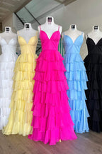 Vestido de fiesta de gasa con escote en V, tirantes, volantes y abertura